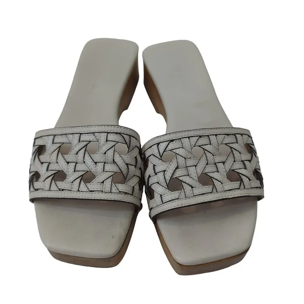 Tory Burch Basket Weave Clog In Almond Flour Cream 8.5 Women's Square Toe Sandal